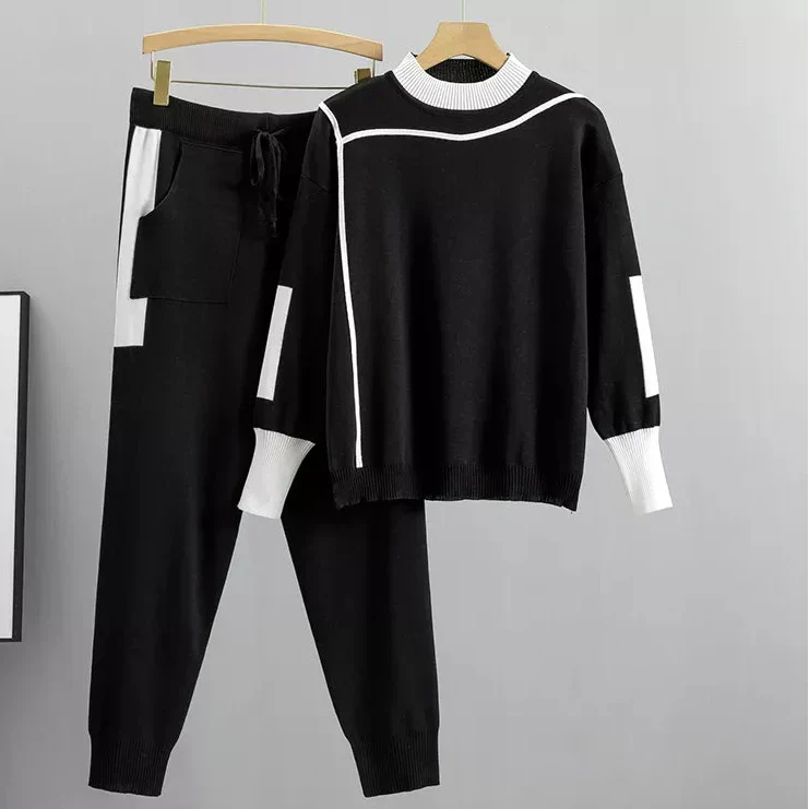 Dames Casual Brei Set met Hoger Hals Top en Trekkoord Joggers