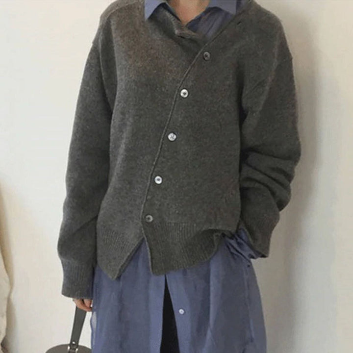 Dames Casual Gebreide Trui met Off-Center Knopen en Geribbelde Afwerking