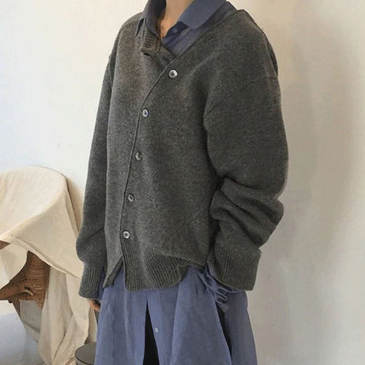 Dames Casual Gebreide Trui met Off-Center Knopen en Geribbelde Afwerking