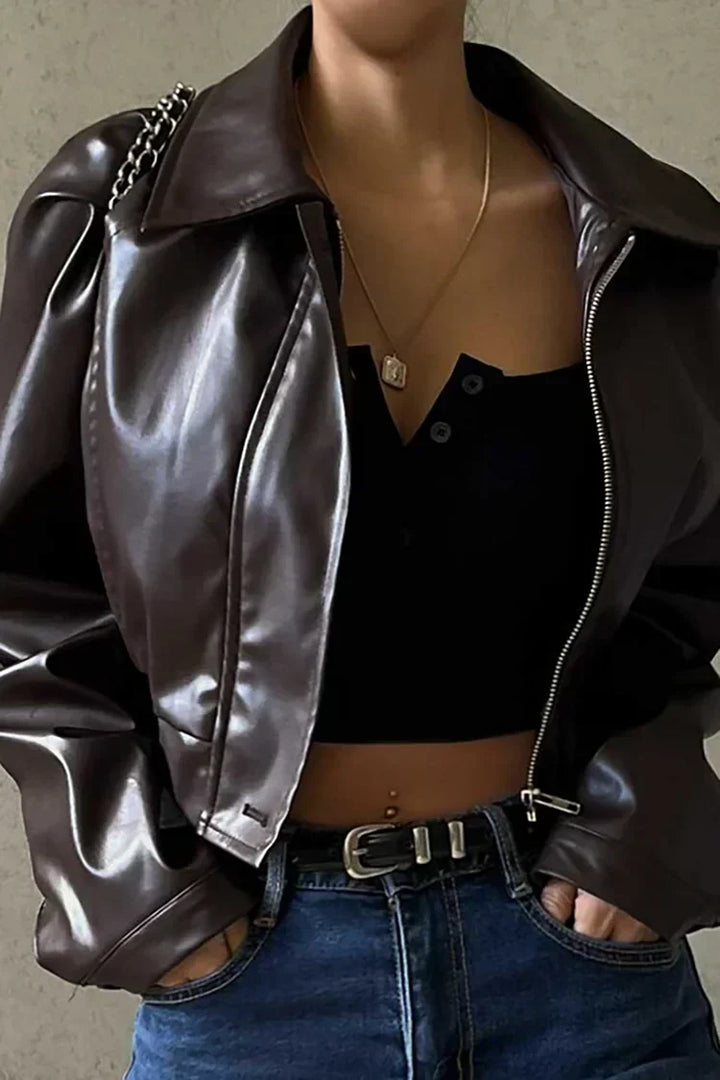 Dames Cropped Coated Jast met Rits en Puff Mouwen