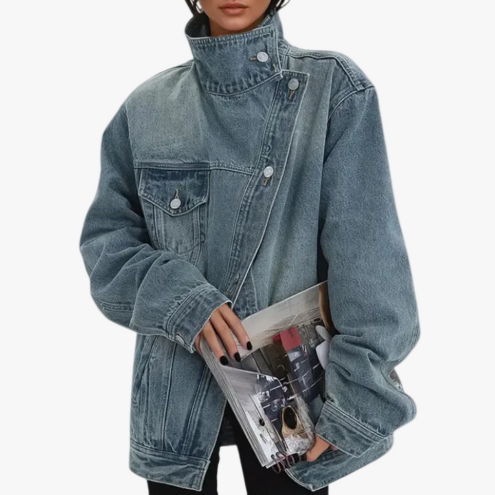 Dames Denim Jast met Asymmetrische Knopen en Staande Kraag