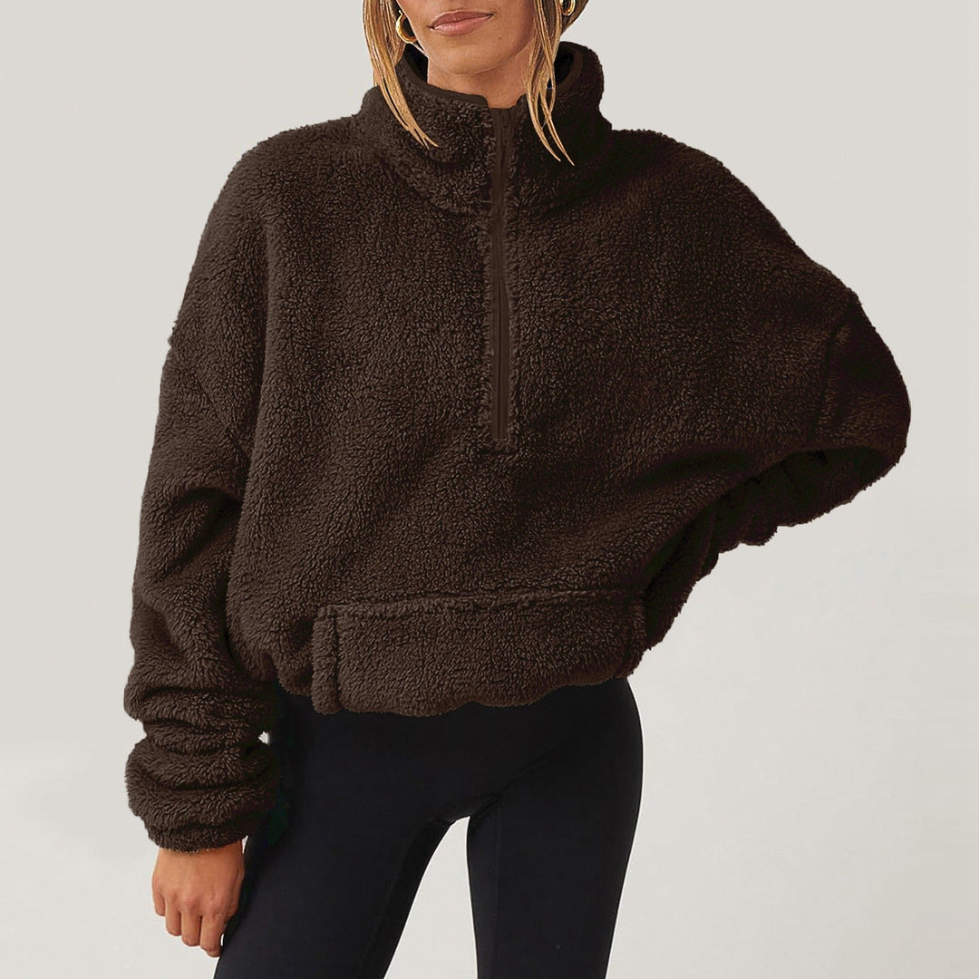 Dames Fleece Pullover Sweater met Halve Rits en Kangoeroezak