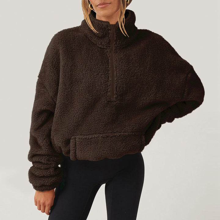 Dames Fleece Pullover Sweater met Halve Rits en Kangoeroezak