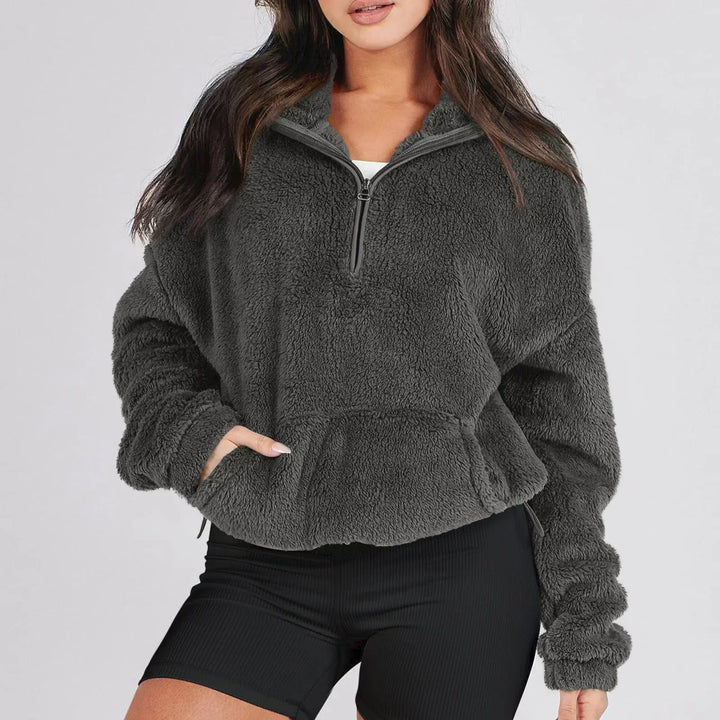 Dames Fleece Pullover Sweater met Halve Rits en Kangoeroezak