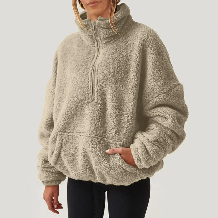 Dames Fleece Pullover Sweater met Halve Rits en Kangoeroezak