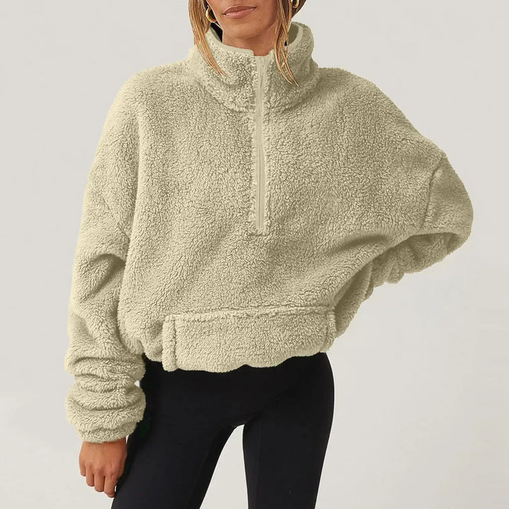 Dames Fleece Pullover Sweater met Halve Rits en Kangoeroezak