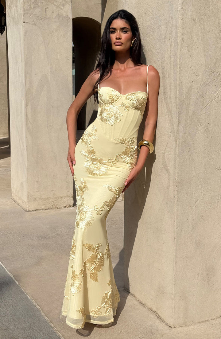 Natalie | Dames Bloemen Geborduurde Maxi Bruiloftsgast Jurk