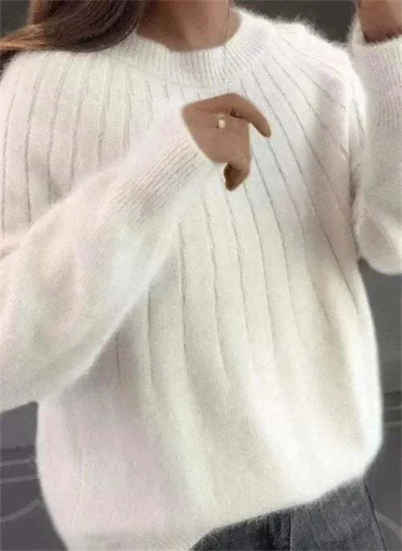 Dames Gebreide Pullover Sweater met Ronde Hals en Geribbelde Zoom