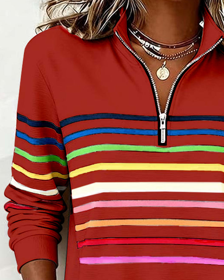 Dames Gebreide Pullover met Kwart Rits en Gestreepte Banden