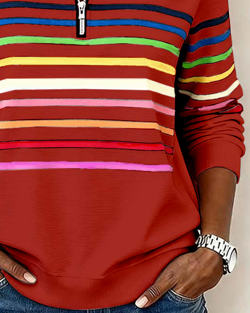 Dames Gebreide Pullover met Kwart Rits en Gestreepte Banden