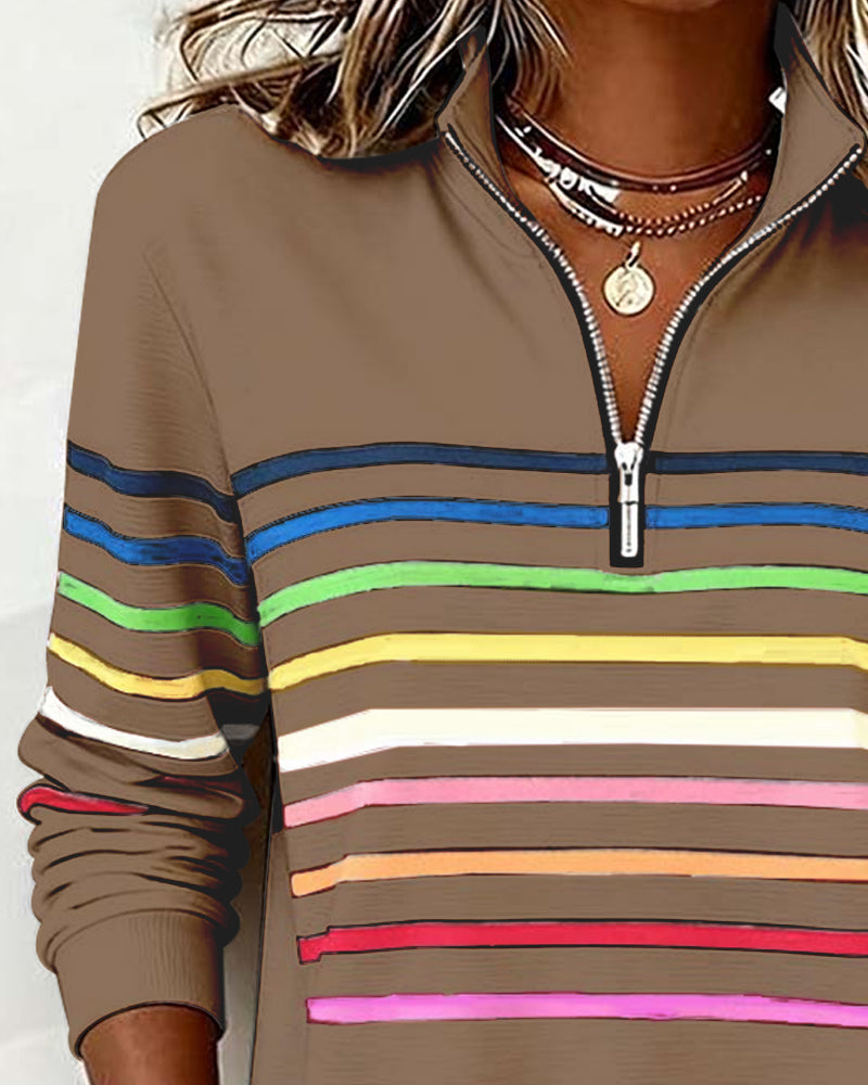 Dames Gebreide Pullover met Kwart Rits en Gestreepte Banden