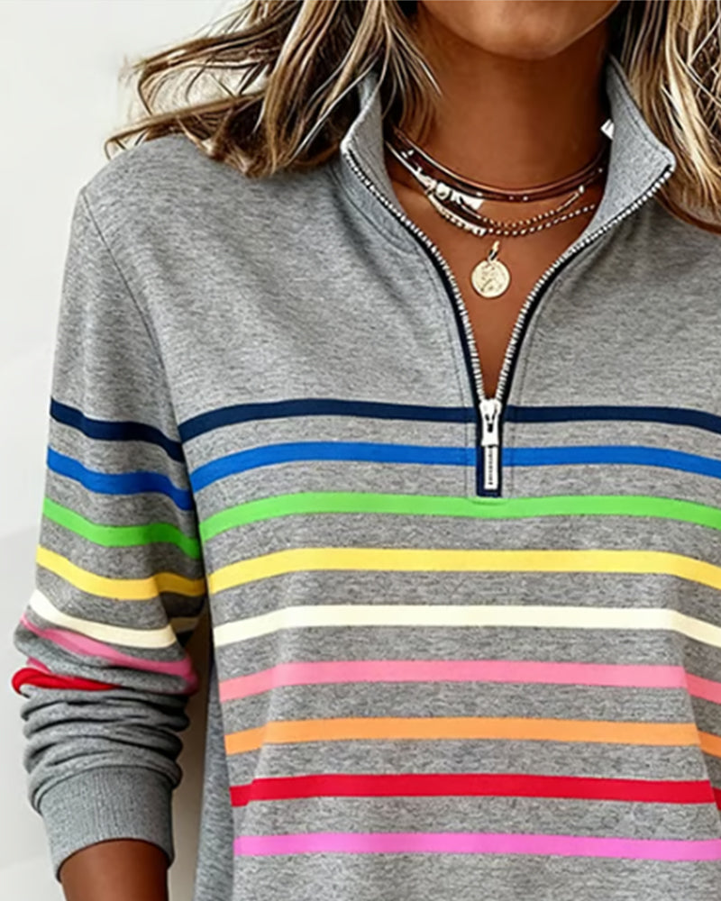 Dames Gebreide Pullover met Kwart Rits en Gestreepte Banden