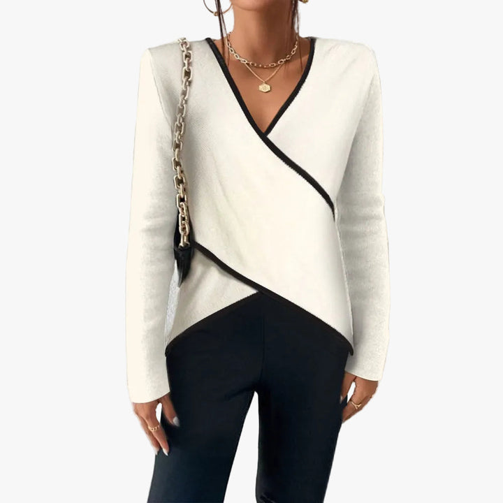 Vrouwen Gebreide Wrap Sweater met V-Hals en Contrastafwerking