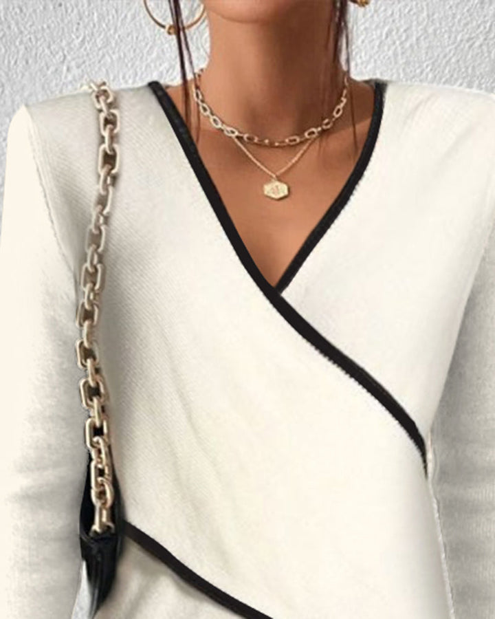 Vrouwen Gebreide Wrap Sweater met V-Hals en Contrastafwerking