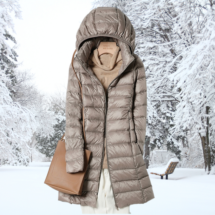 Dames Longline Nylon Puffer Jast met Kap en Rits Voorkant