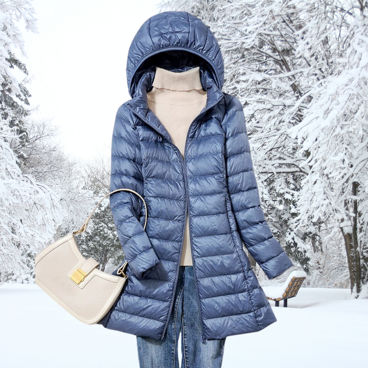Dames Longline Nylon Puffer Jast met Kap en Rits Voorkant