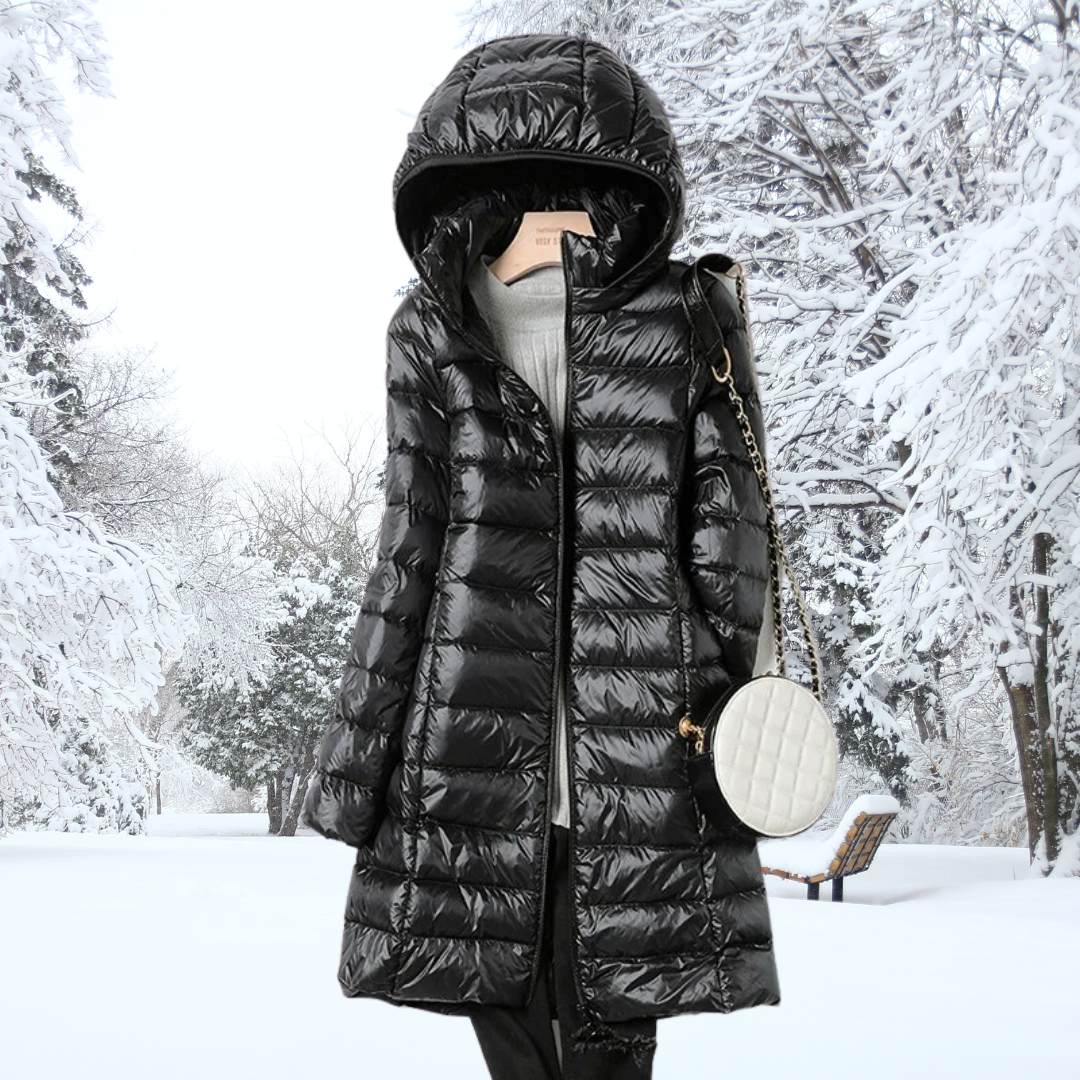 Dames Longline Nylon Puffer Jast met Kap en Rits Voorkant