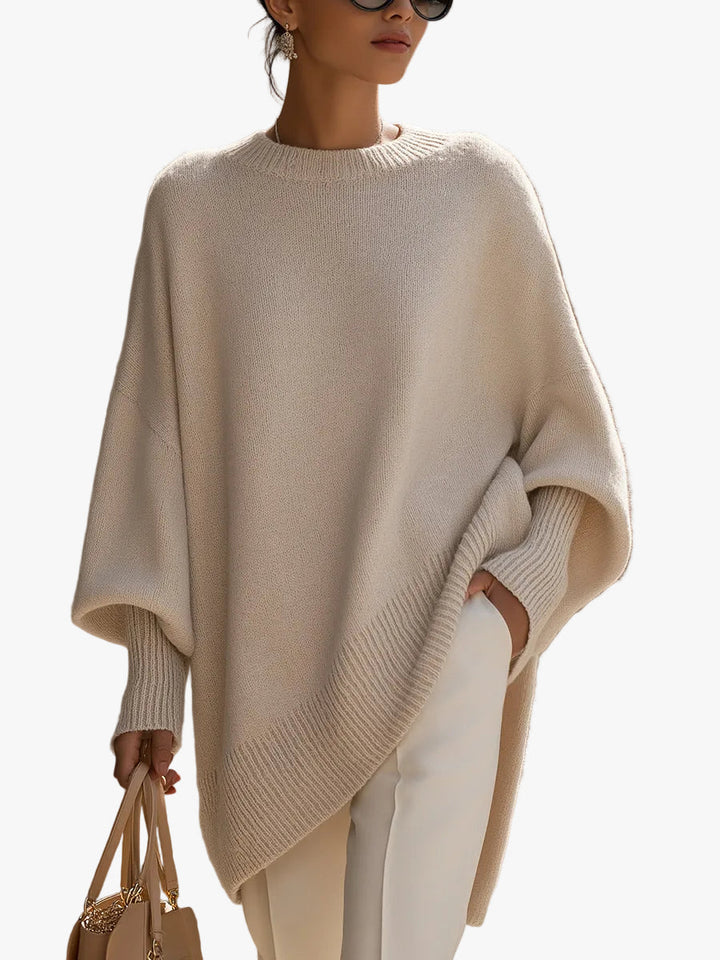 Vrouwen Poncho-Stijl Gebreide Pullover Trui met Geribbelde Afwerking en Ronde Hals