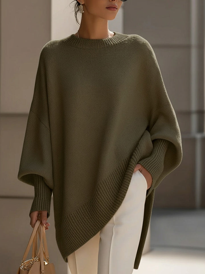 Vrouwen Poncho-Stijl Gebreide Pullover Trui met Geribbelde Afwerking en Ronde Hals