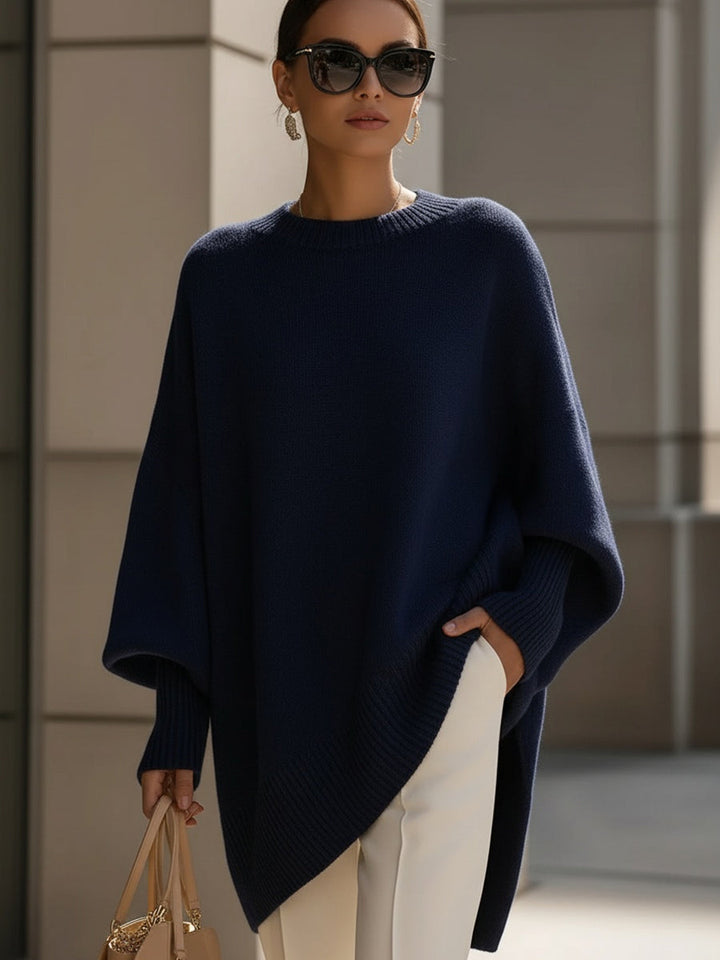 Vrouwen Poncho-Stijl Gebreide Pullover Trui met Geribbelde Afwerking en Ronde Hals
