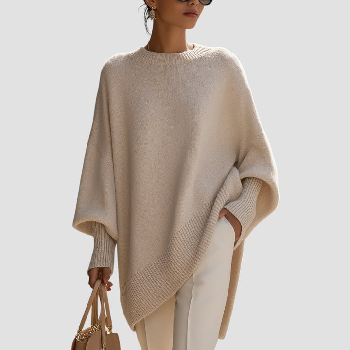 Vrouwen Poncho-Stijl Gebreide Pullover Trui met Geribbelde Afwerking en Ronde Hals