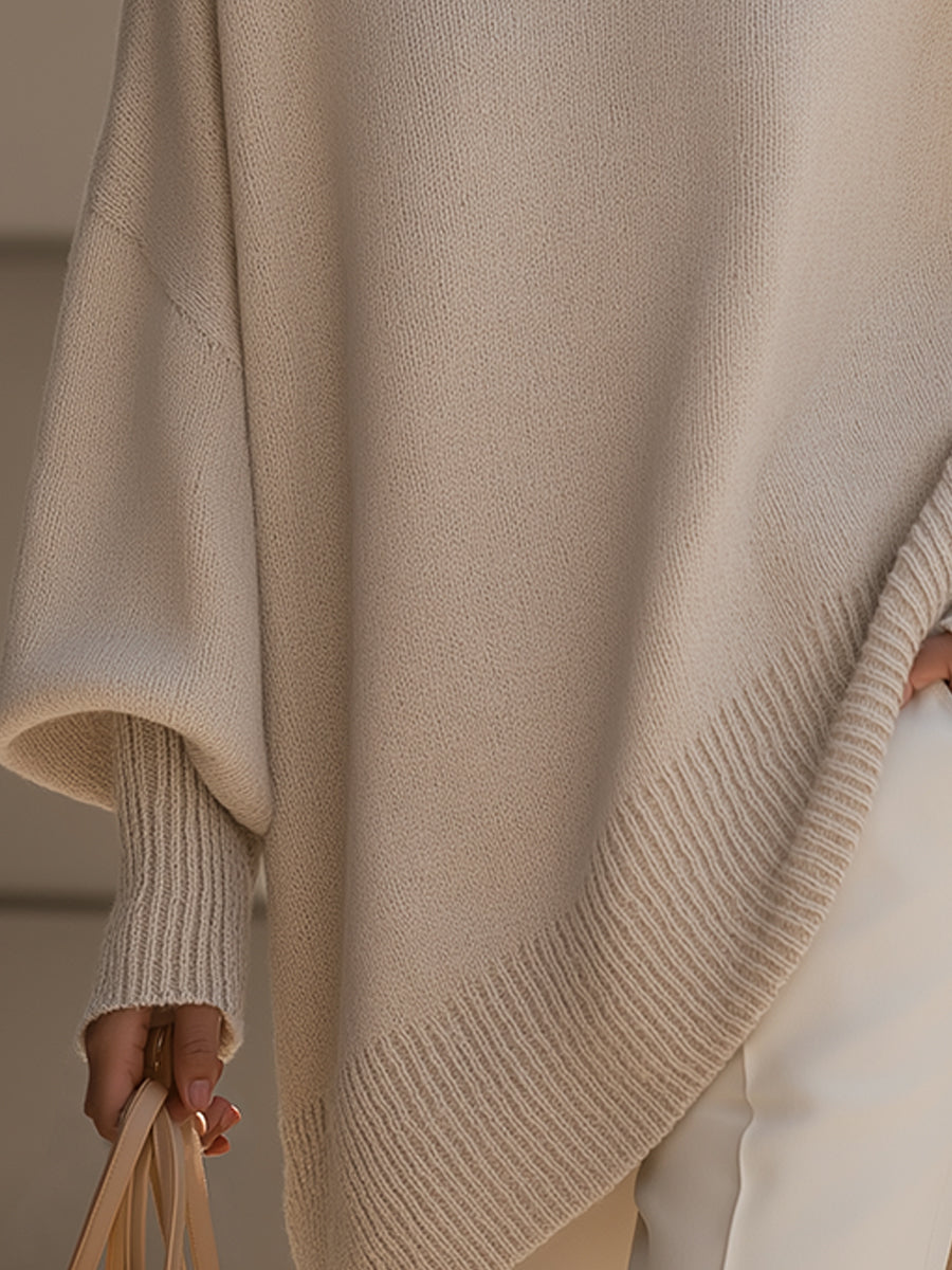 Vrouwen Poncho-Stijl Gebreide Pullover Trui met Geribbelde Afwerking en Ronde Hals