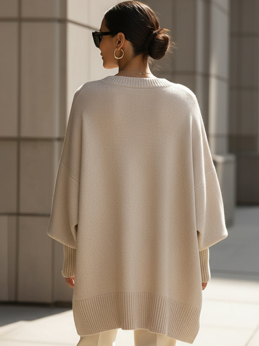 Vrouwen Poncho-Stijl Gebreide Pullover Trui met Geribbelde Afwerking en Ronde Hals