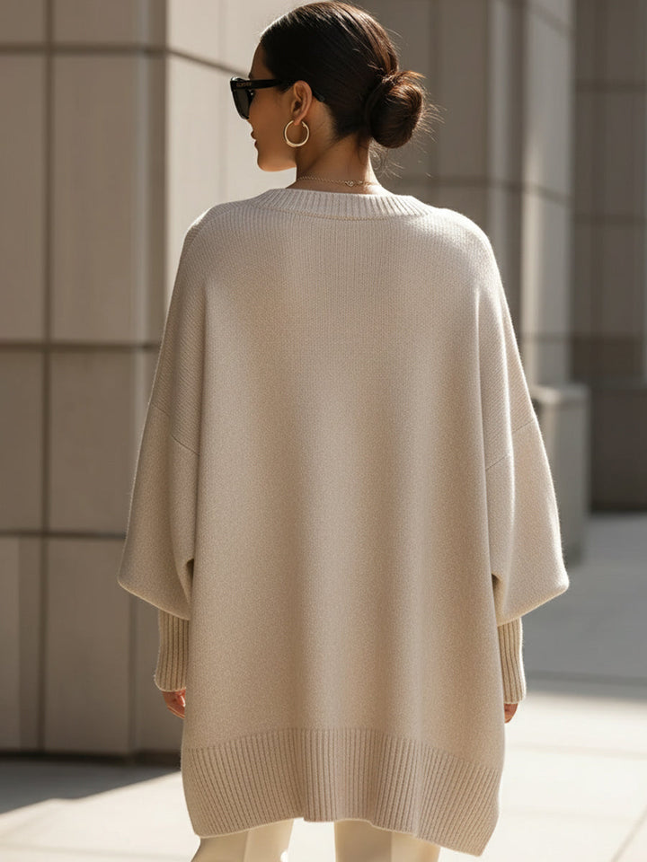 Vrouwen Poncho-Stijl Gebreide Pullover Trui met Geribbelde Afwerking en Ronde Hals