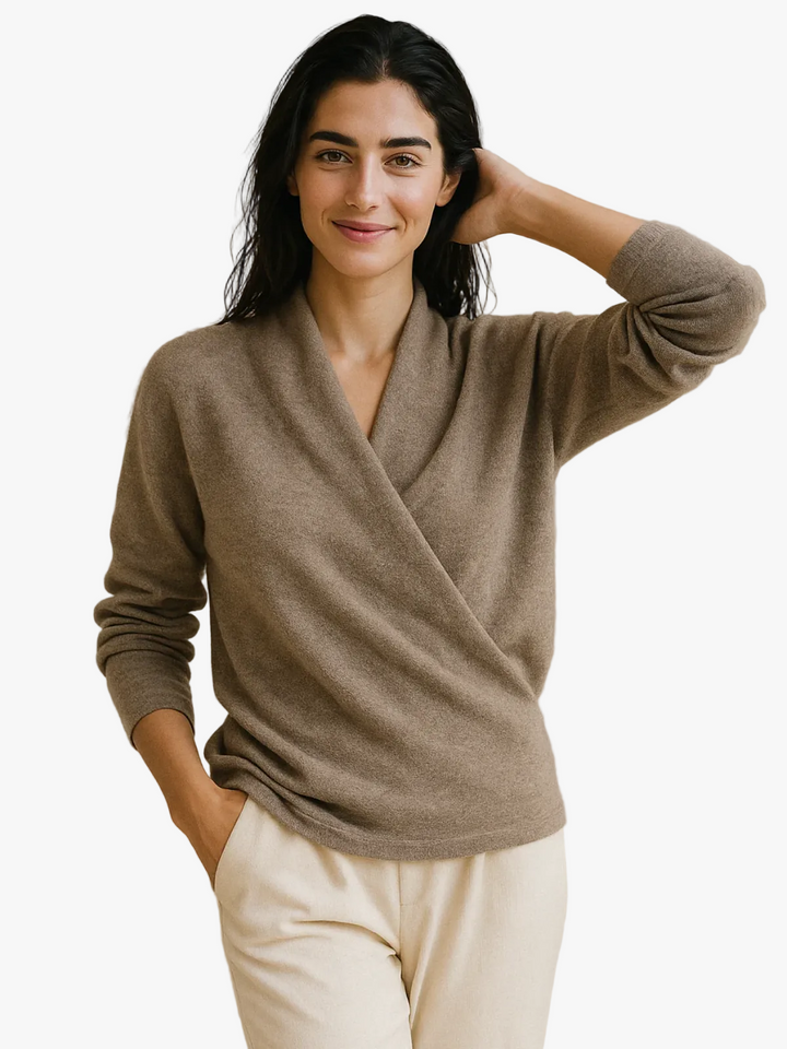 Dames Wrap Sweater in Brei met V-Hals en Geribbelde Zoom