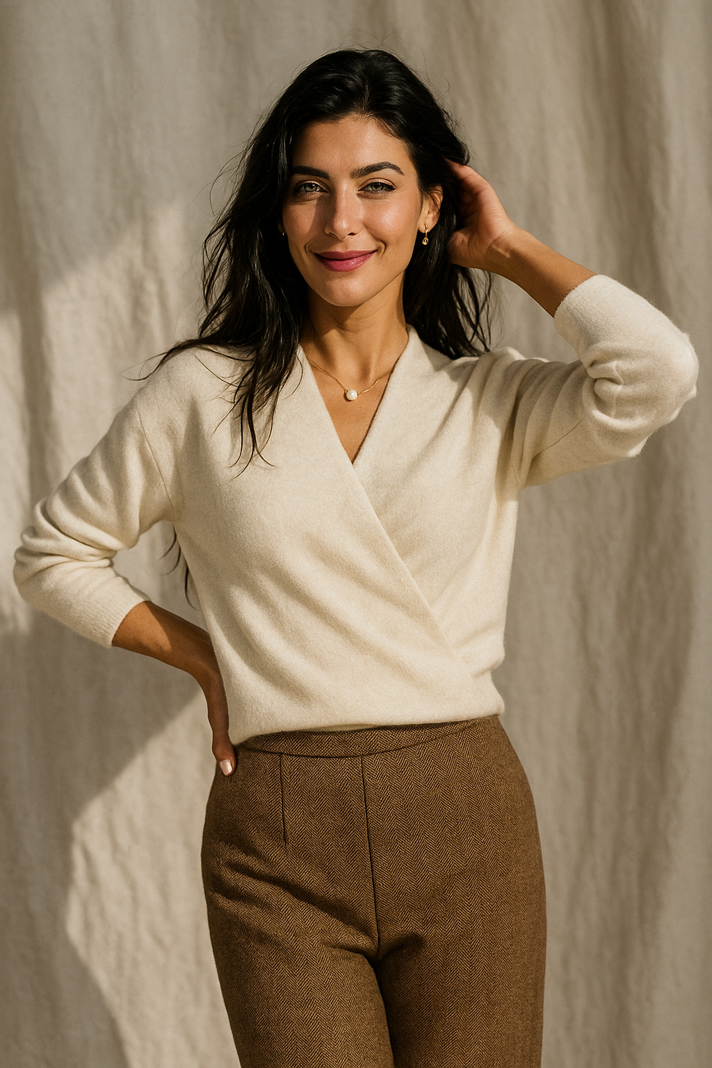 Dames Wrap Sweater in Brei met V-Hals en Geribbelde Zoom