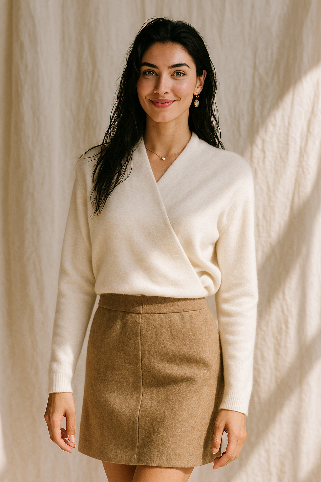 Dames Wrap Sweater in Brei met V-Hals en Geribbelde Zoom