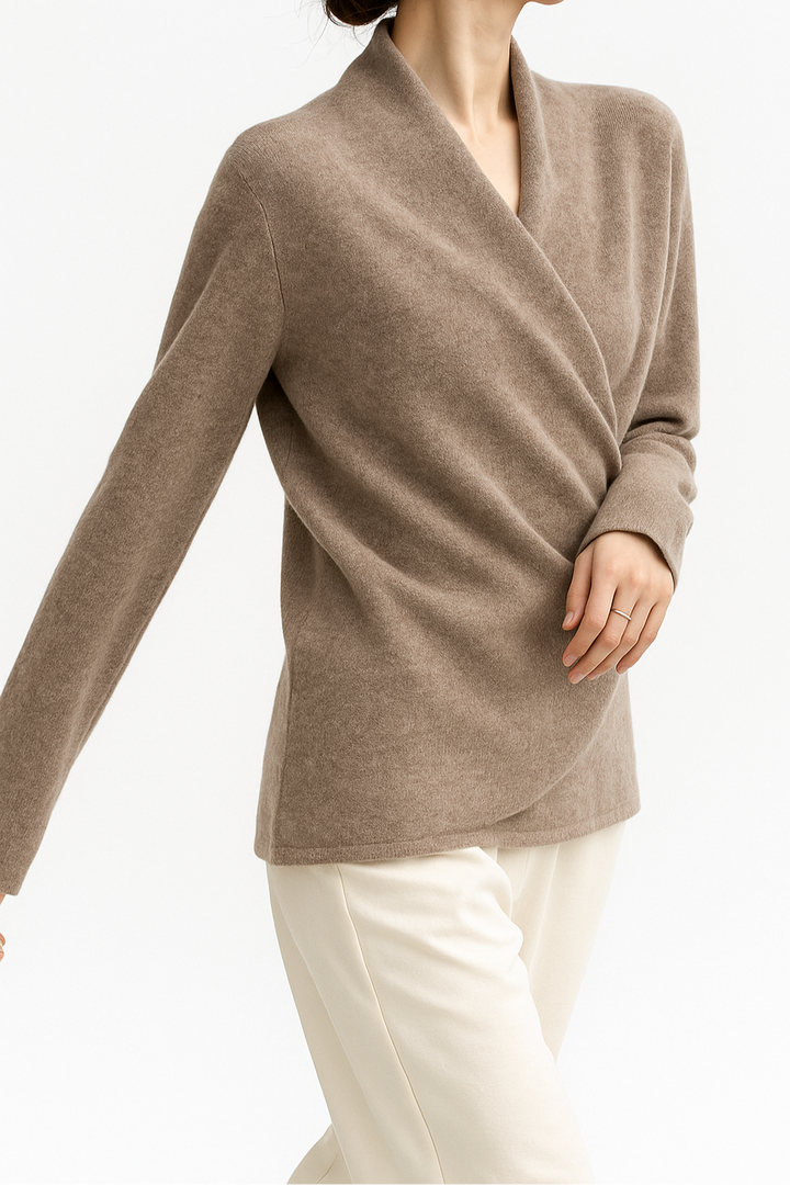 Dames Wrap Sweater in Brei met V-Hals en Geribbelde Zoom