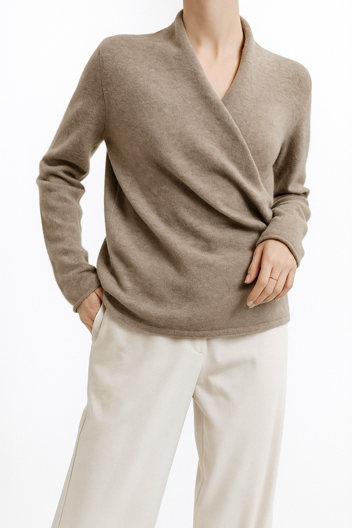 Dames Wrap Sweater in Brei met V-Hals en Geribbelde Zoom