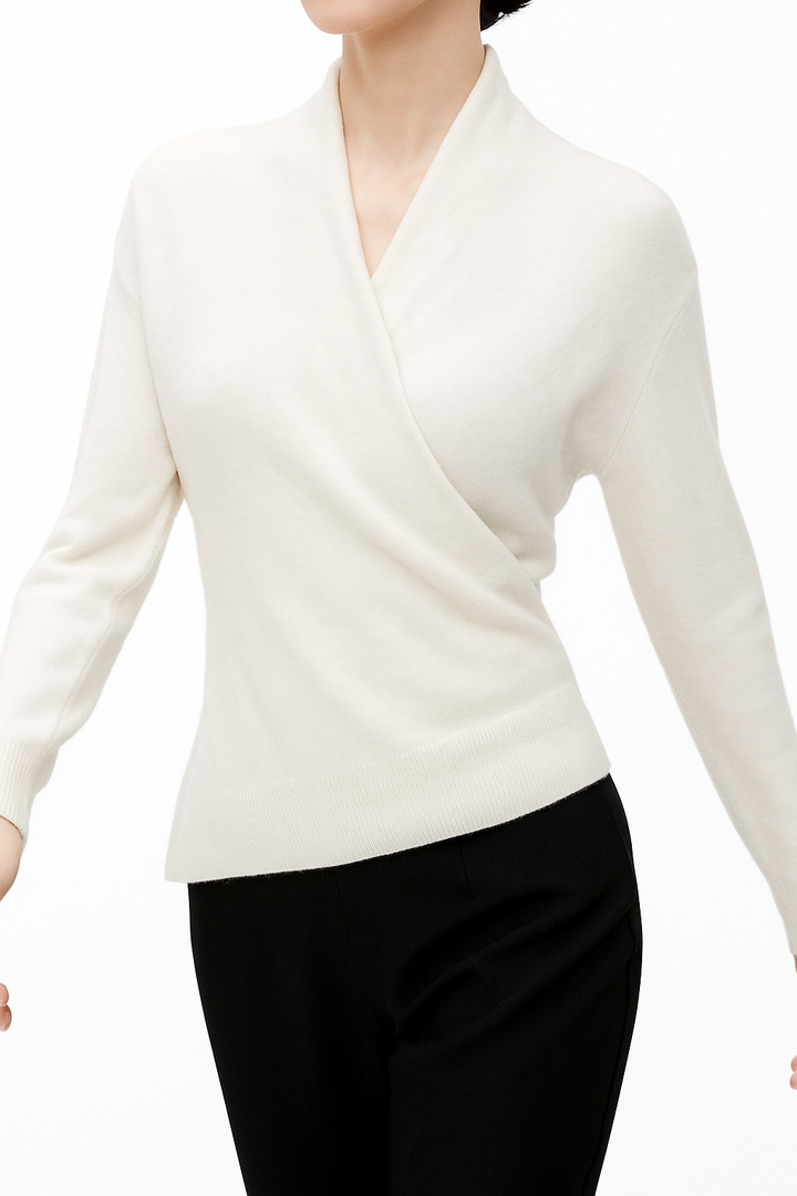 Dames Wrap Sweater in Brei met V-Hals en Geribbelde Zoom