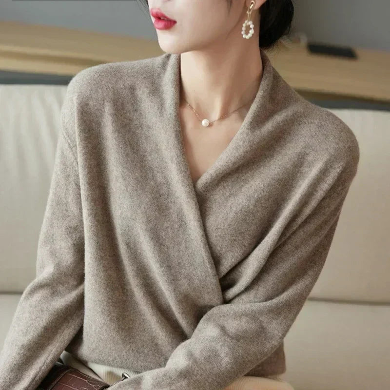 Dames Wrap Sweater in Brei met V-Hals en Geribbelde Zoom