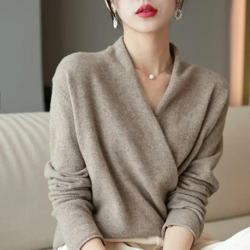 Dames Wrap Sweater in Brei met V-Hals en Geribbelde Zoom