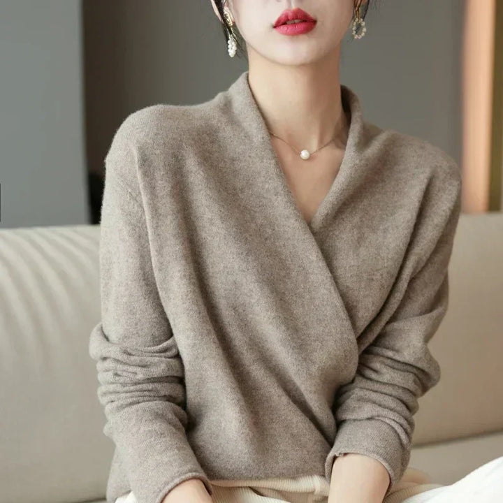 Dames Wrap Sweater in Brei met V-Hals en Geribbelde Zoom