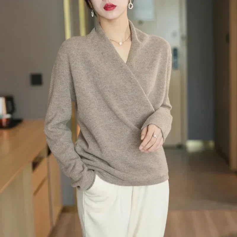 Dames Wrap Sweater in Brei met V-Hals en Geribbelde Zoom