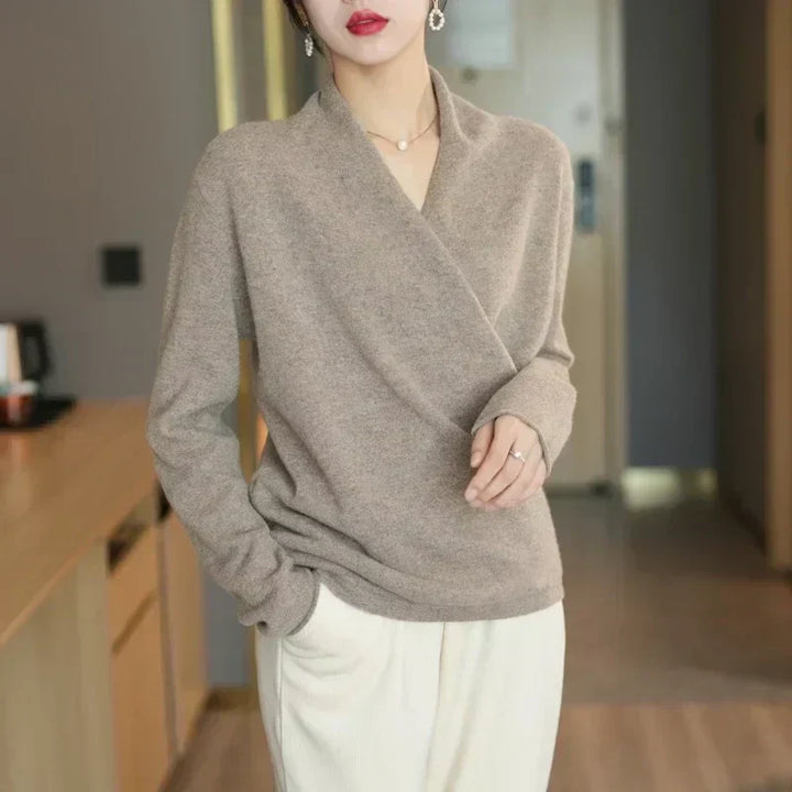 Dames Wrap Sweater in Brei met V-Hals en Geribbelde Zoom