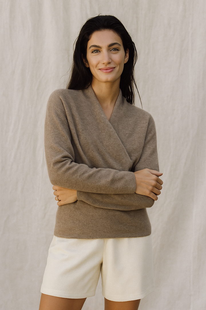 Dames Wrap Sweater in Brei met V-Hals en Geribbelde Zoom
