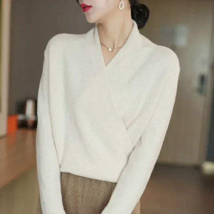 Dames Wrap Sweater in Brei met V-Hals en Geribbelde Zoom