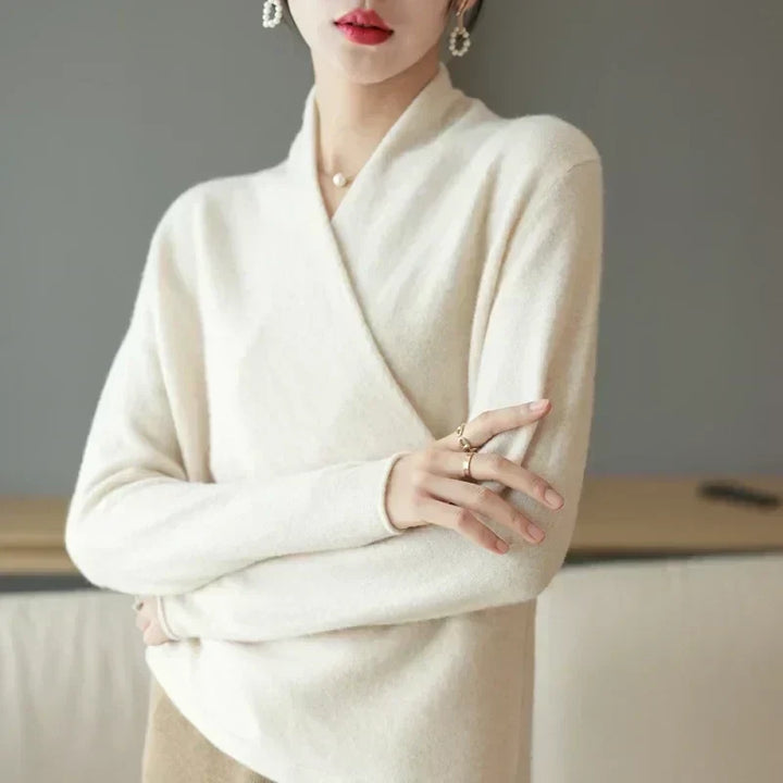 Dames Wrap Sweater in Brei met V-Hals en Geribbelde Zoom