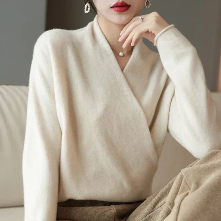 Dames Wrap Sweater in Brei met V-Hals en Geribbelde Zoom