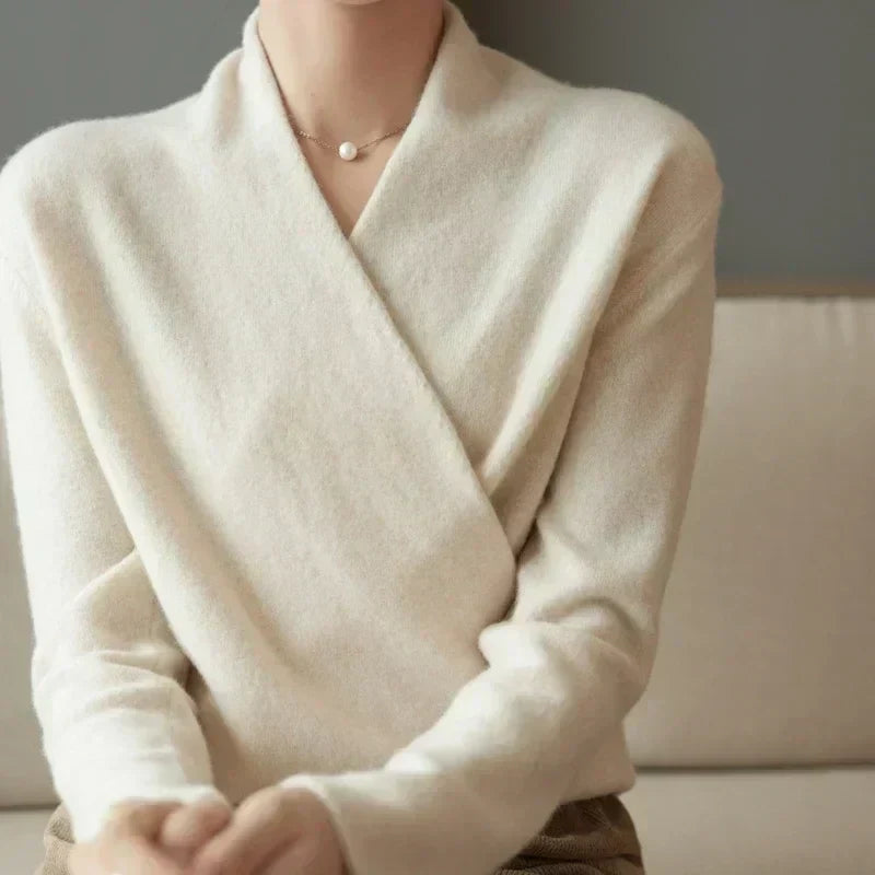 Dames Wrap Sweater in Brei met V-Hals en Geribbelde Zoom