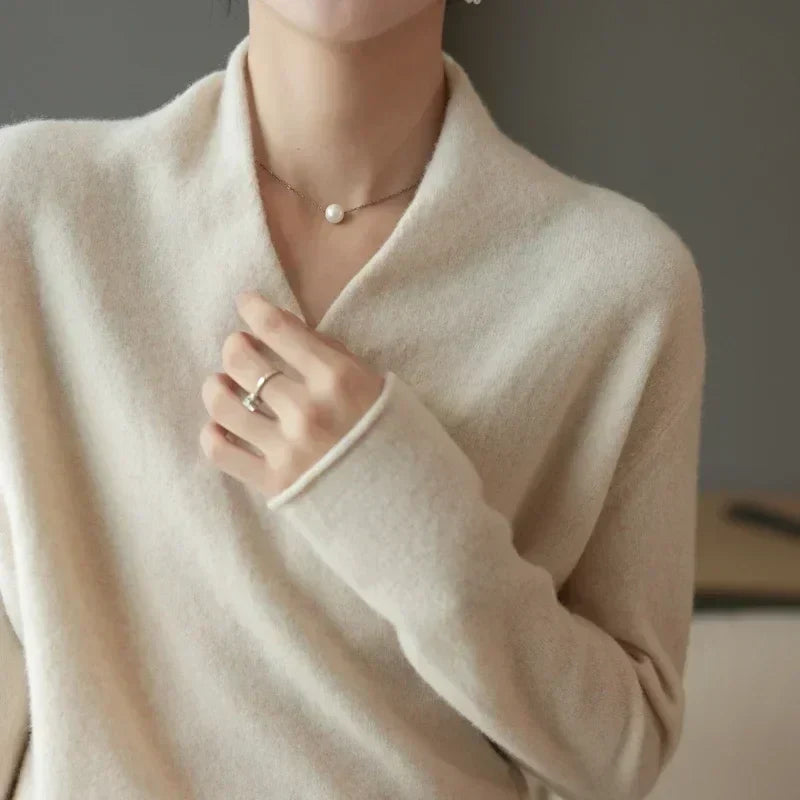 Dames Wrap Sweater in Brei met V-Hals en Geribbelde Zoom