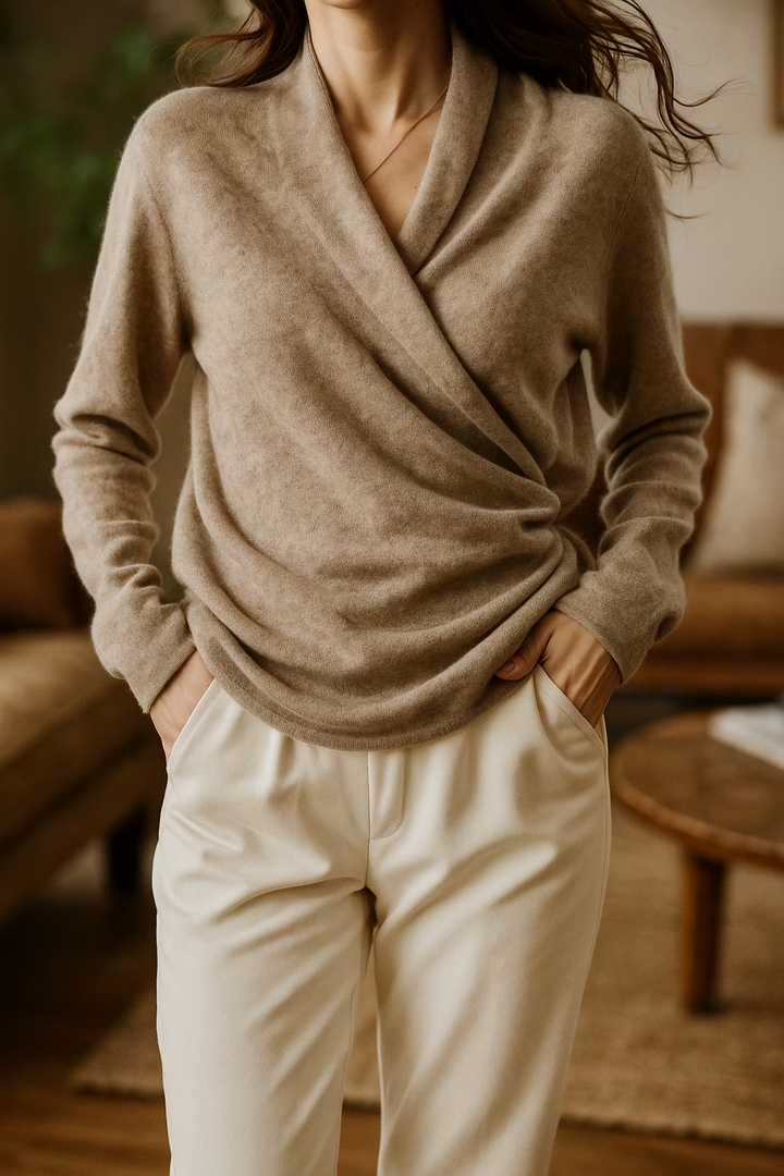 Dames Wrap Sweater in Brei met V-Hals en Geribbelde Zoom