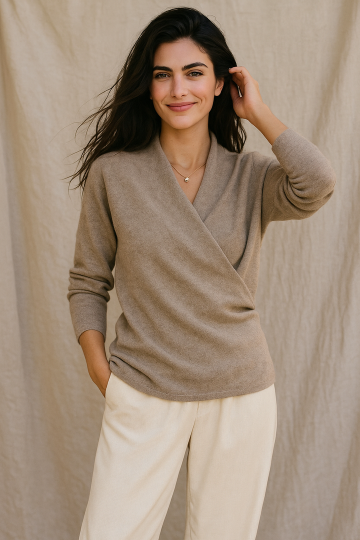 Dames Wrap Sweater in Brei met V-Hals en Geribbelde Zoom