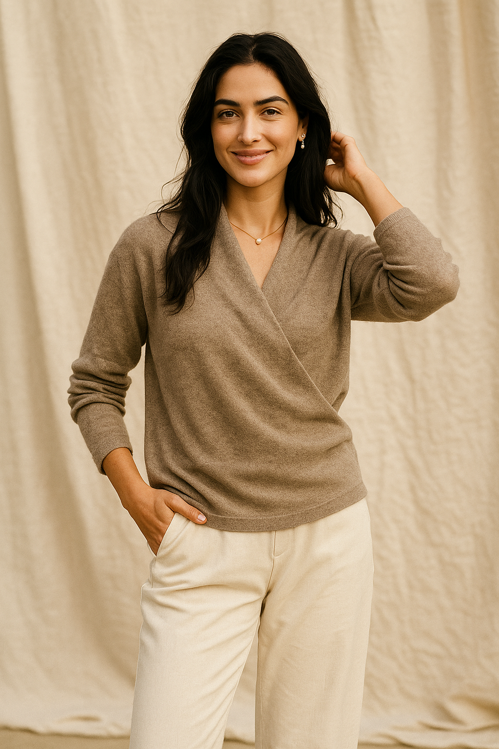 Dames Wrap Sweater in Brei met V-Hals en Geribbelde Zoom