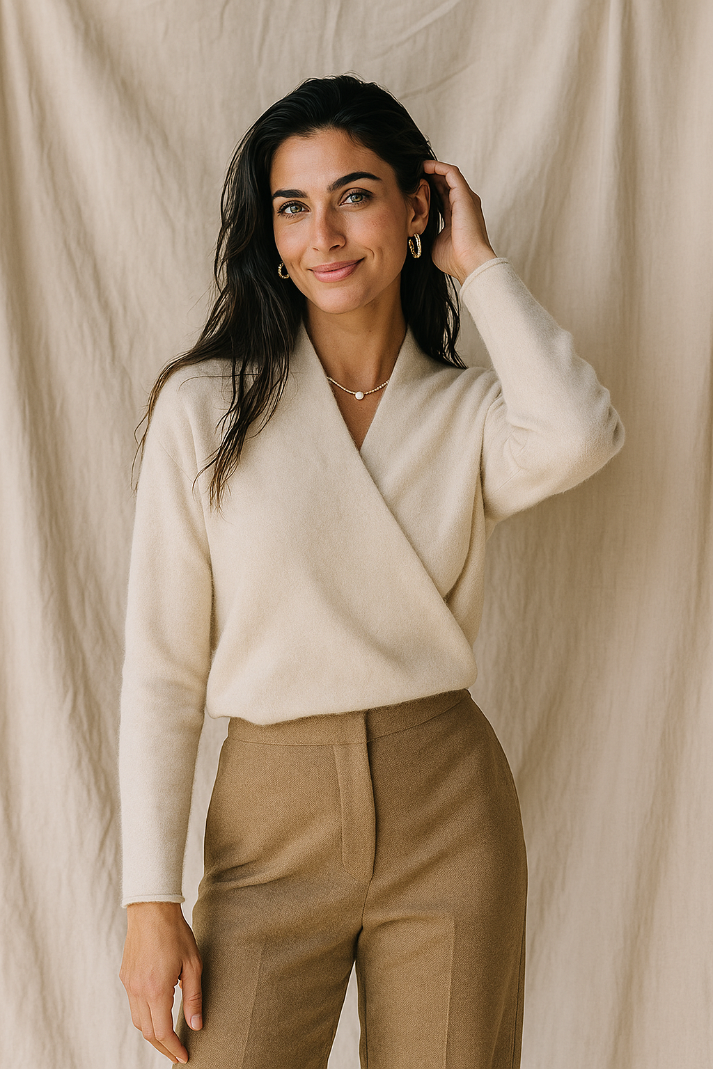 Dames Wrap Sweater in Brei met V-Hals en Geribbelde Zoom