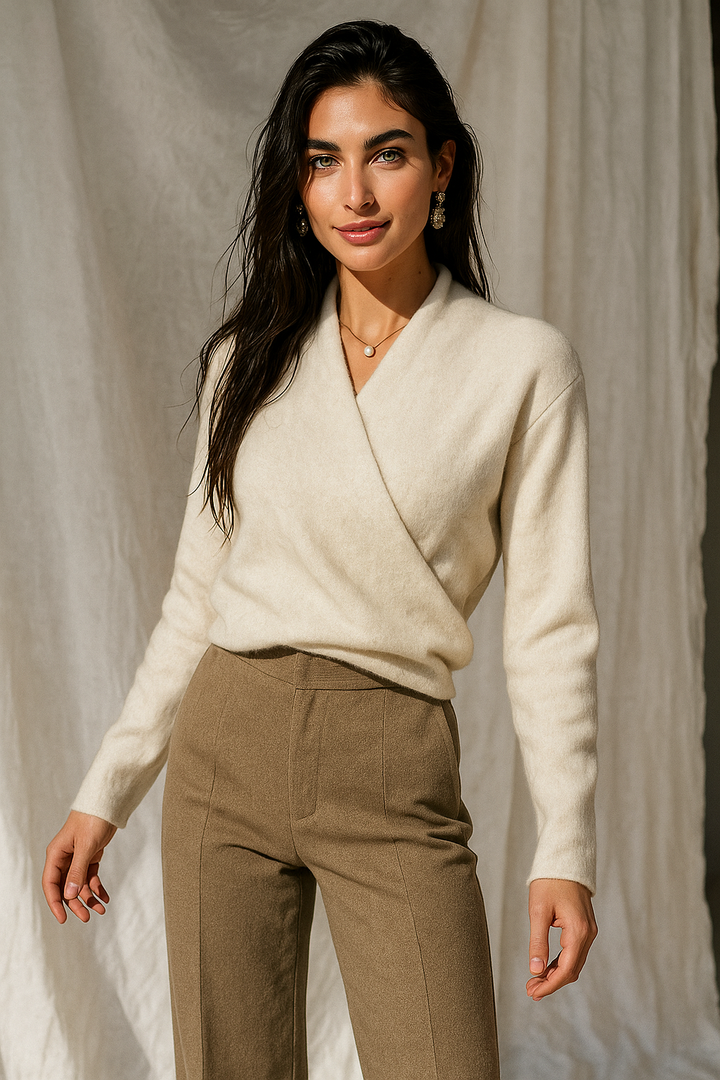 Dames Wrap Sweater in Brei met V-Hals en Geribbelde Zoom